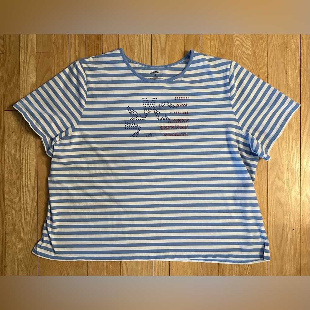 Liz & Me Women’s Short-Sleeved Striped Red/White/Blue Embellished Top, Sz 4X